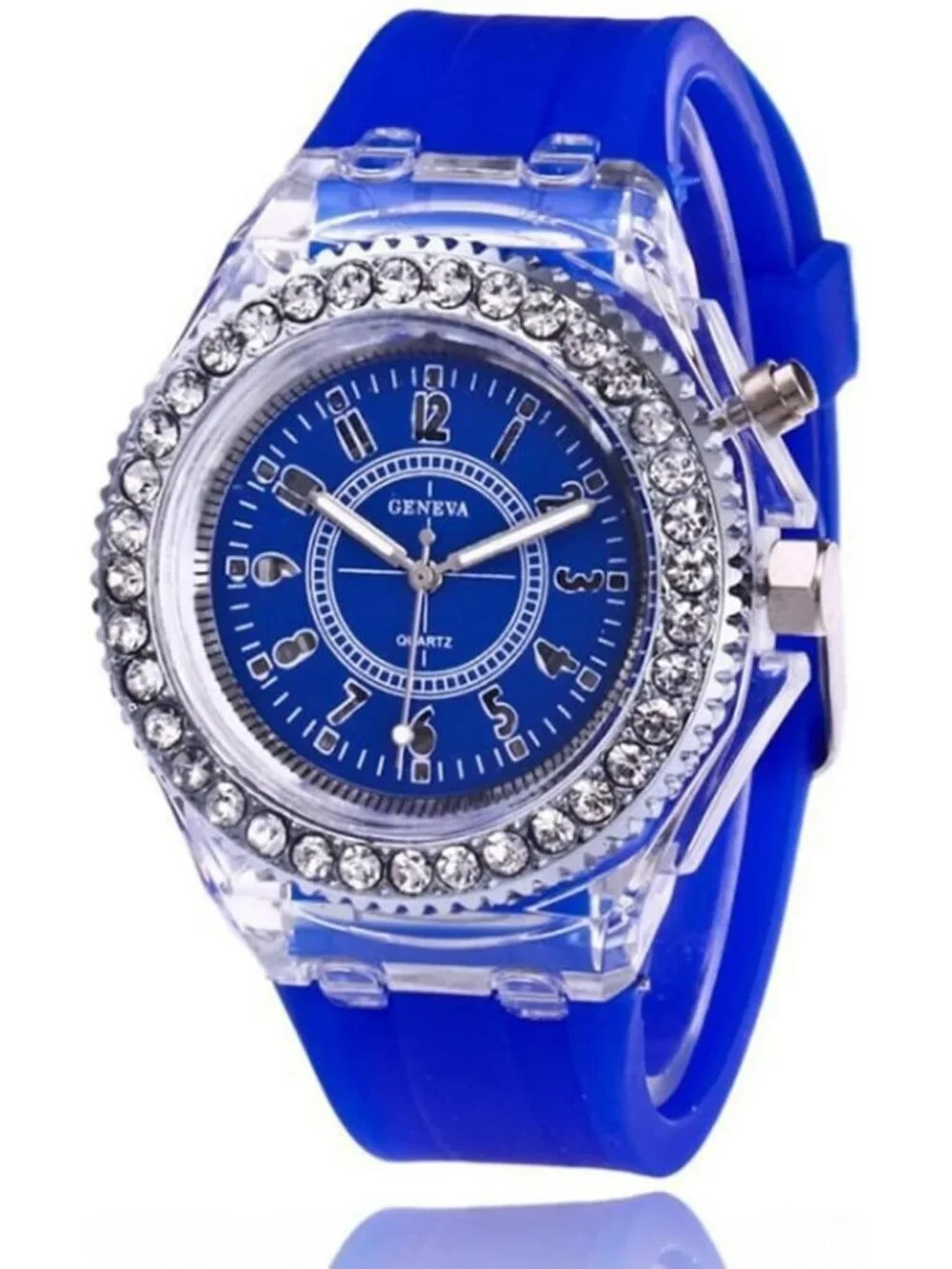 Women's Dark Blue Analog Silicone Bling Luminous Lights Sport Square Wrist Watch